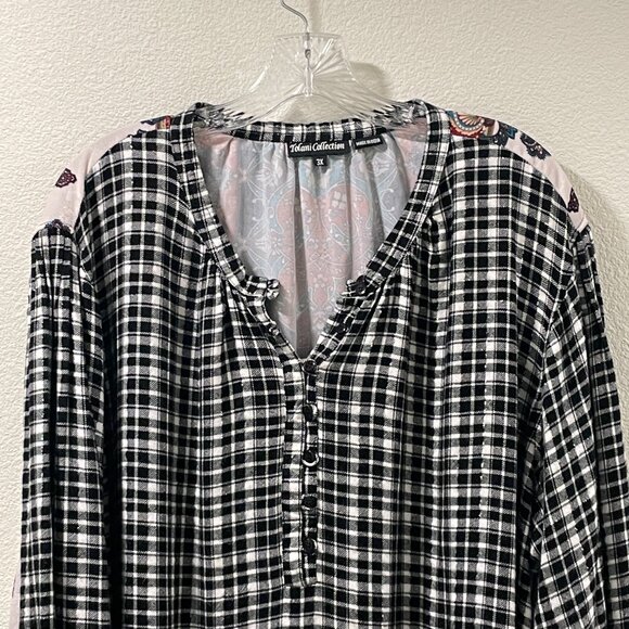 (NEW) TOLANI Flannel & Velvet BOHO Button Down Blouse, Black/White/Multi - 3 X - Picture 5 of 16